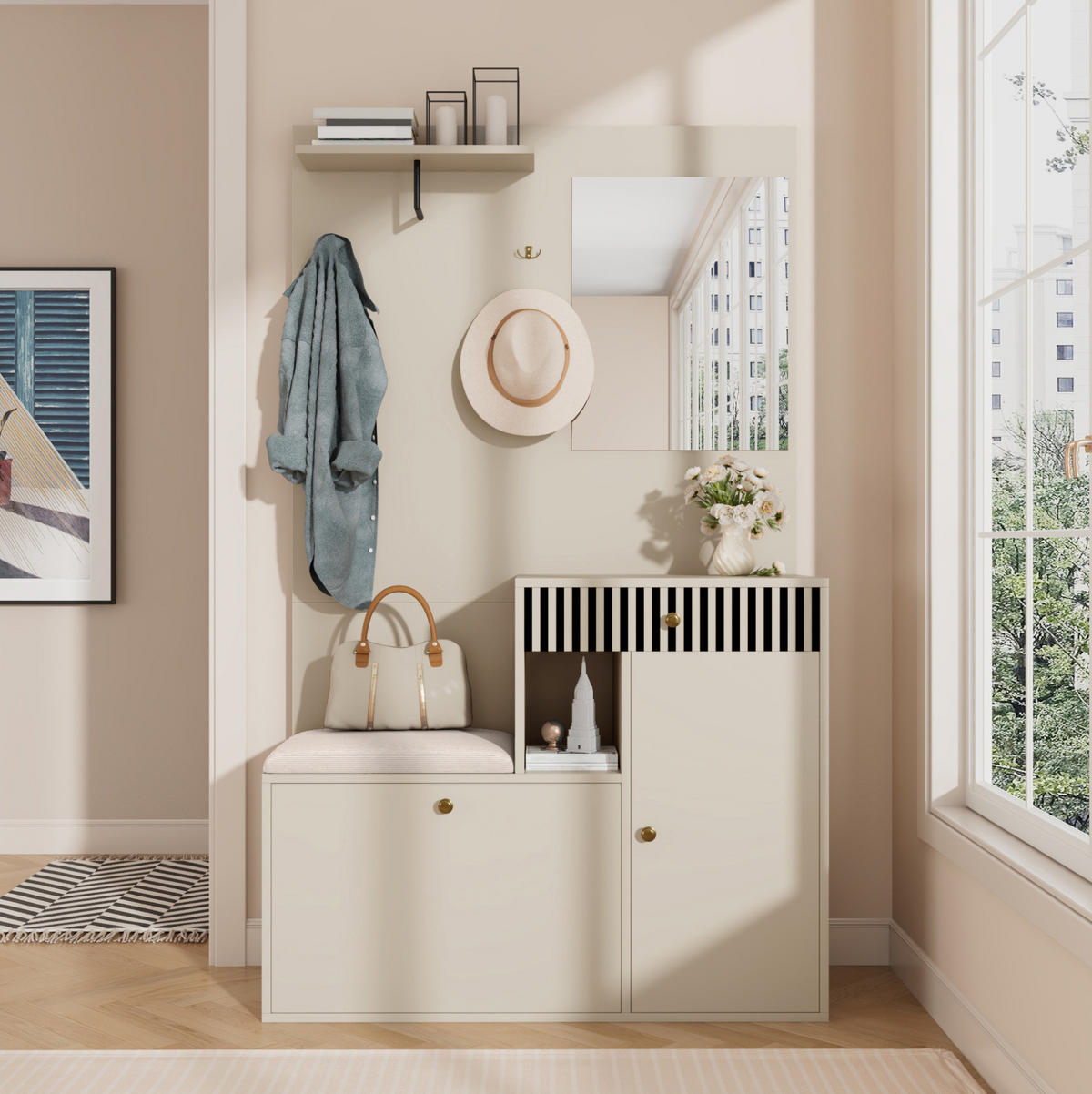 GARDEROBENSET 110/37/185,5 cm aus MDF mit Spiegel und gepolsterter Sitzfläche Beige/Creme - Beige, Holzwerkstoff (110/185.5/37cm) - Modenvie