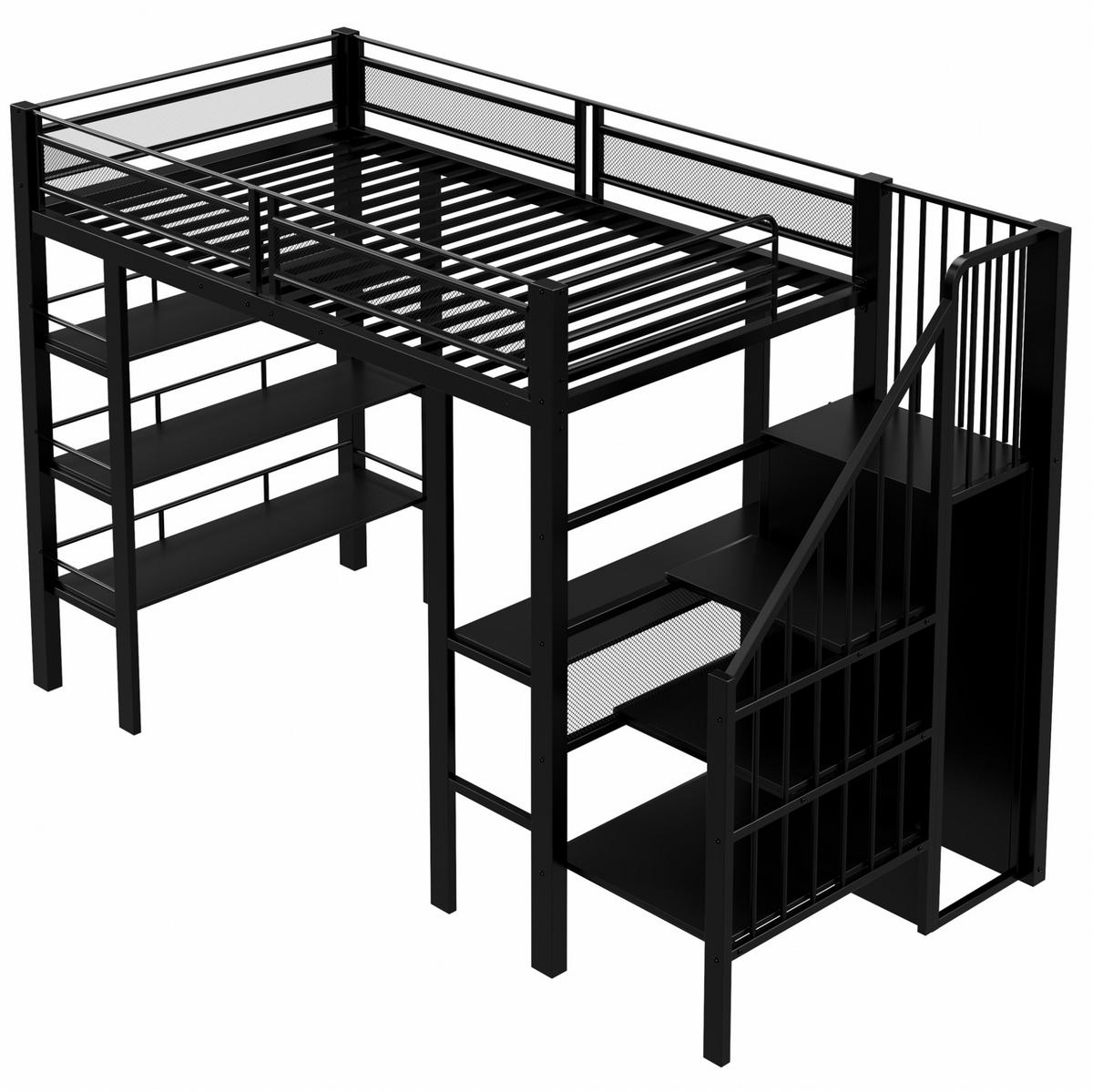 HOCHBETT 90/200 cm mit LED-Lichtleisten, Steckdose, Schreibtisch, Regal und Kleiderschrank, Schwarz - Schwarz, Holzwerkstoff (90/200cm) - Redom