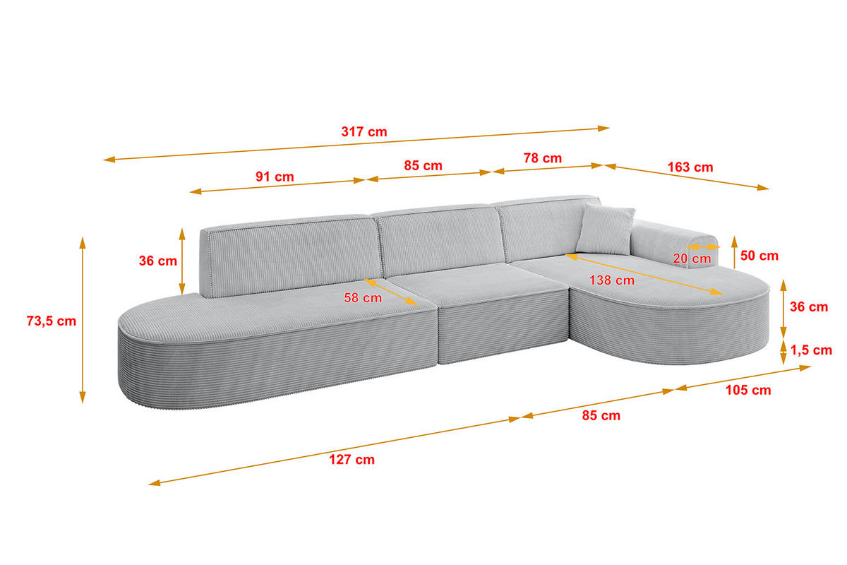 ECKSOFA Ottomane Rechts MARI-L2 - 317x163x73,5 cm Grau Cord - Schwarz/Grau, Holzwerkstoff/Kunststoff (317/163cm) - ALTDECOR