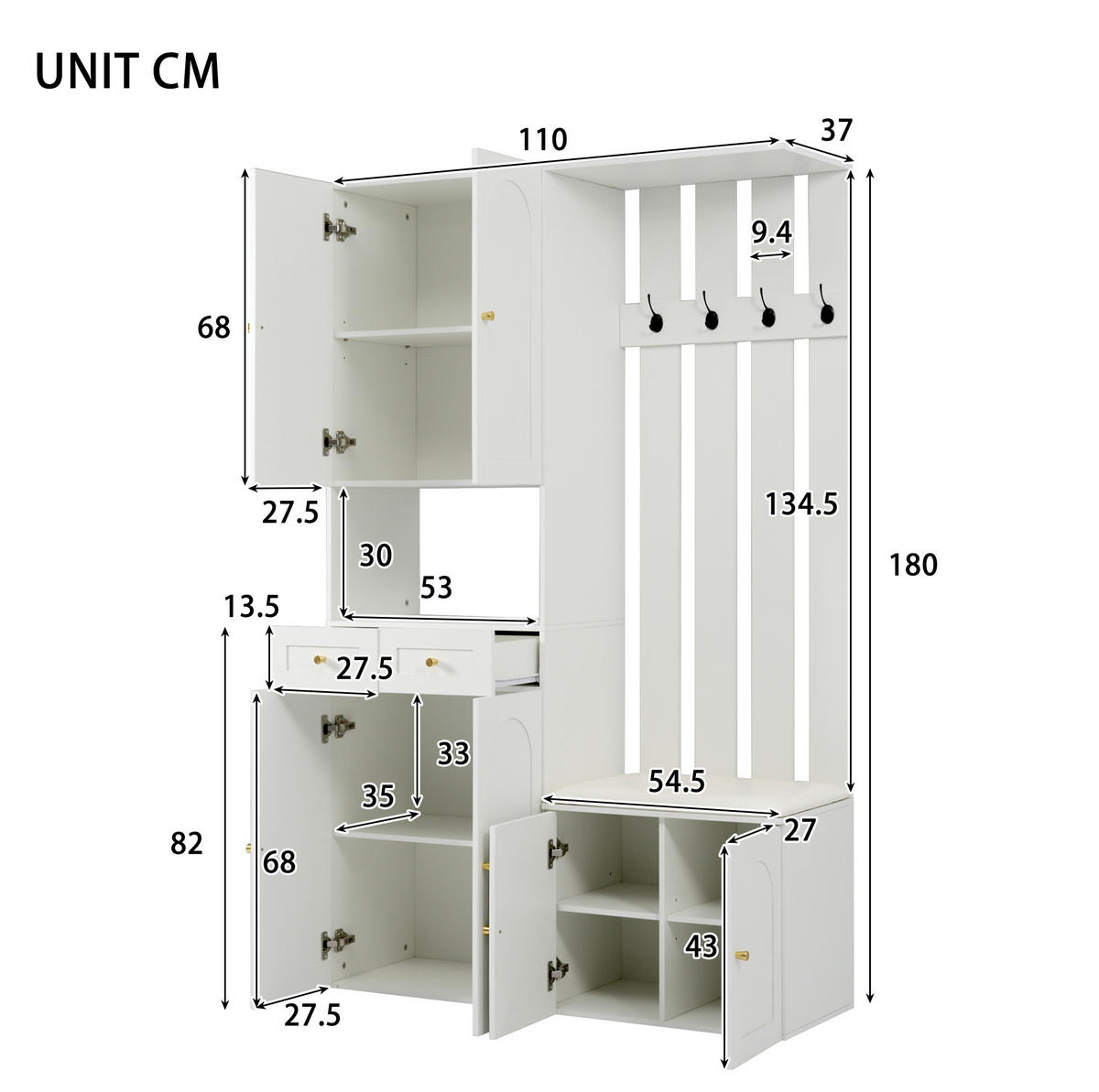GARDEROBENSET mit Schuhschrank und Bank 110 x 37 x 180 cm Weiß - Weiß, Holz (37/180/110cm) - Beauniv