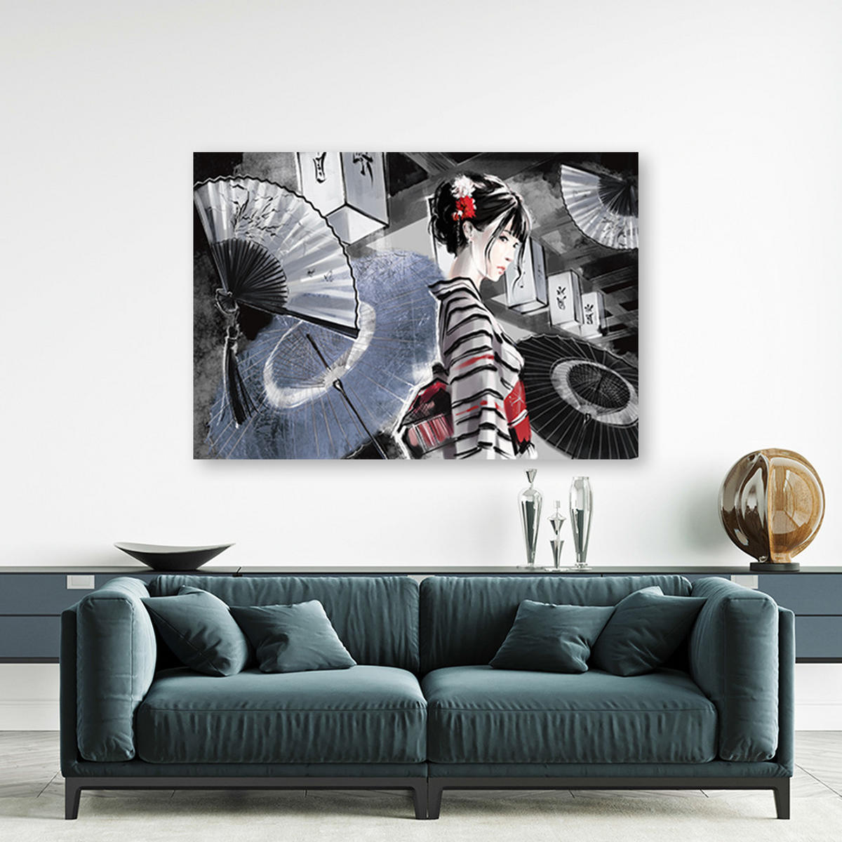 WANDBILD geisha mit einem fan - Schwarz, Textil (60/40cm) - Feeby