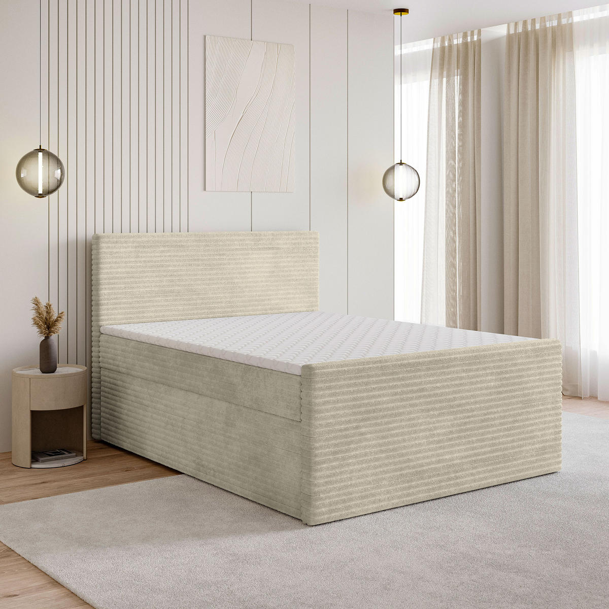 BOXBETT NOLEN 160x200 cm mit Matratze und Topper - Creme - Creme, Holz (160/200cm) - MASSENO