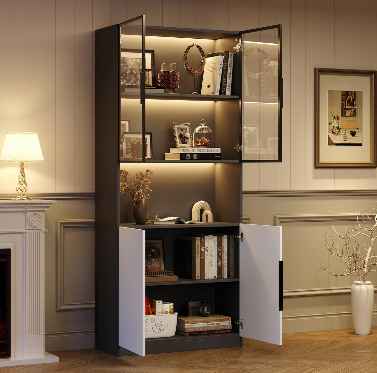 VITRINA 80/30/200 cm bijela/crna s LED osvjetljenjem i staklenim vratima - bijela, drvni materijal (80/200/30cm) - BEAOK