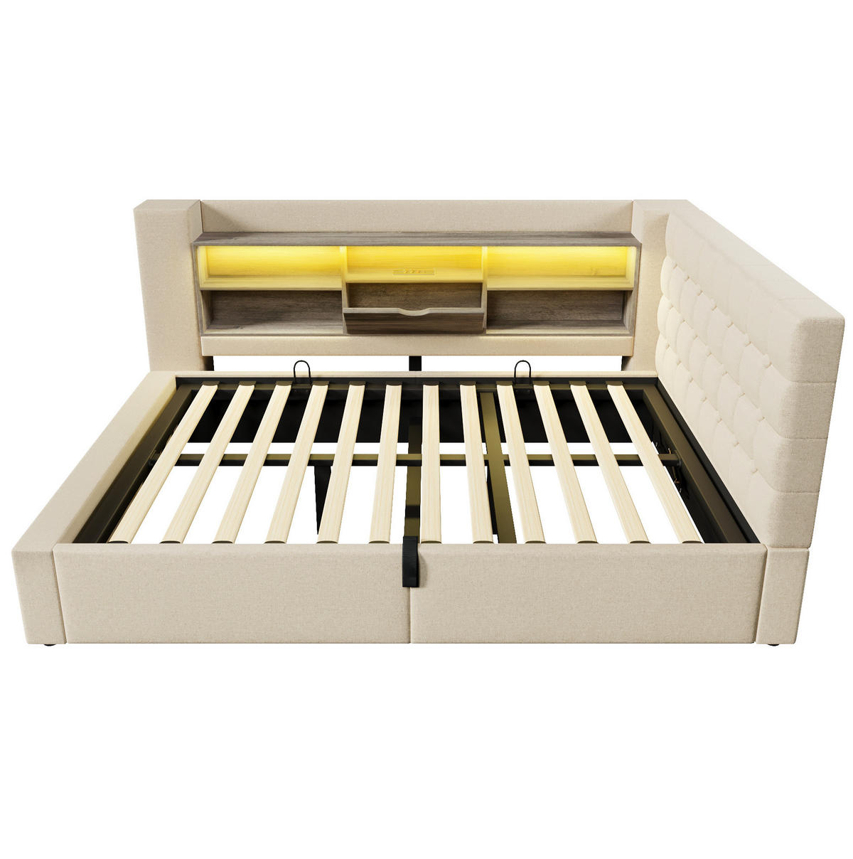 POLSTERBETT 140/200 cm mit LED-Beleuchtung, USB-Anschlüssen, hydraulischem Stauraum und flexiblem L-Kopfteil, Beige - Beige, Textil (140/200cm) - Redom