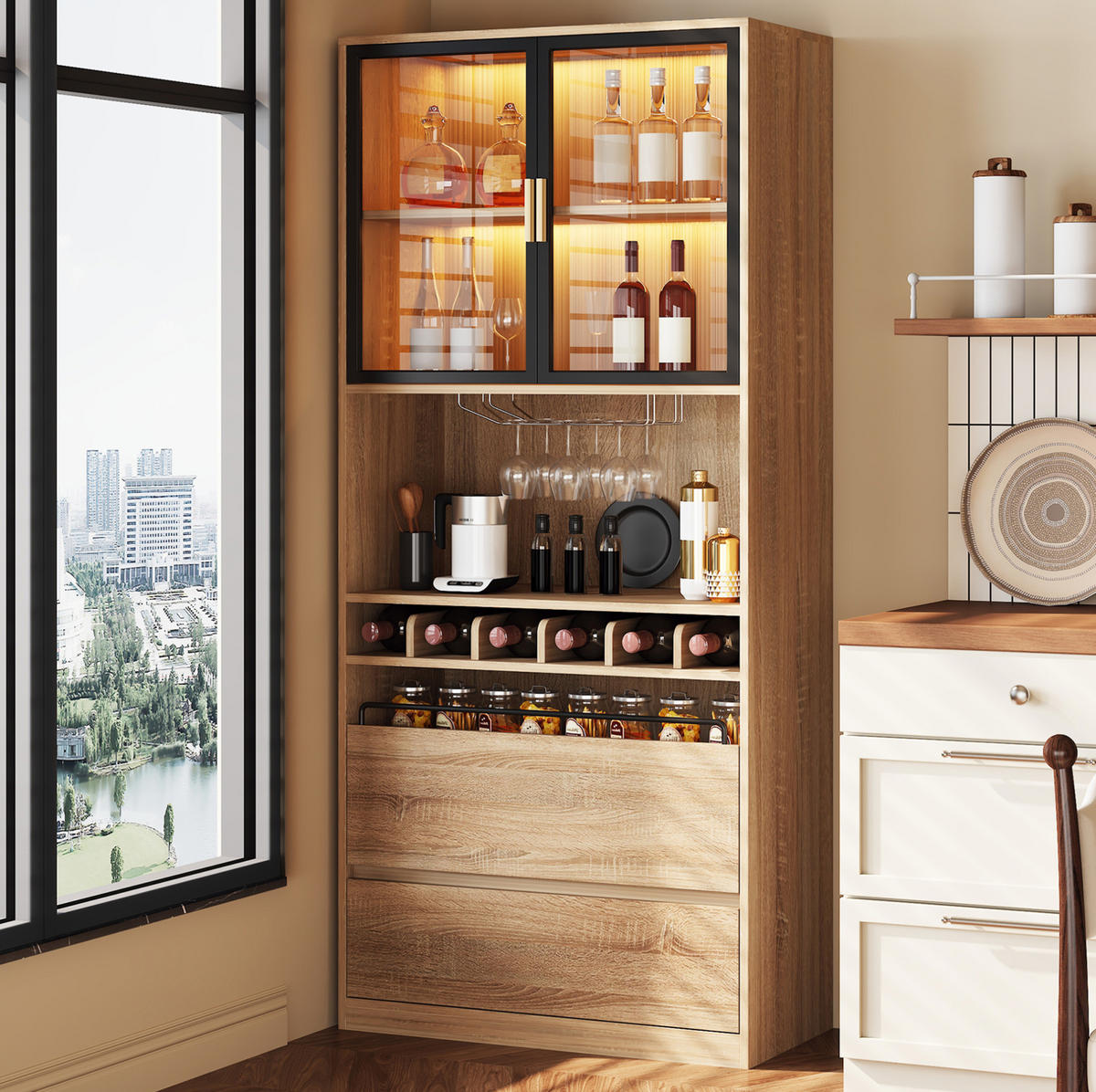 VITRINENSCHRANK aus MDF 80x40x180 cm Natur mit LED-Beleuchtung und abnehmbarem Weinglashalter - Naturfarben, Holzwerkstoff (80/180/40cm) - IVMEU