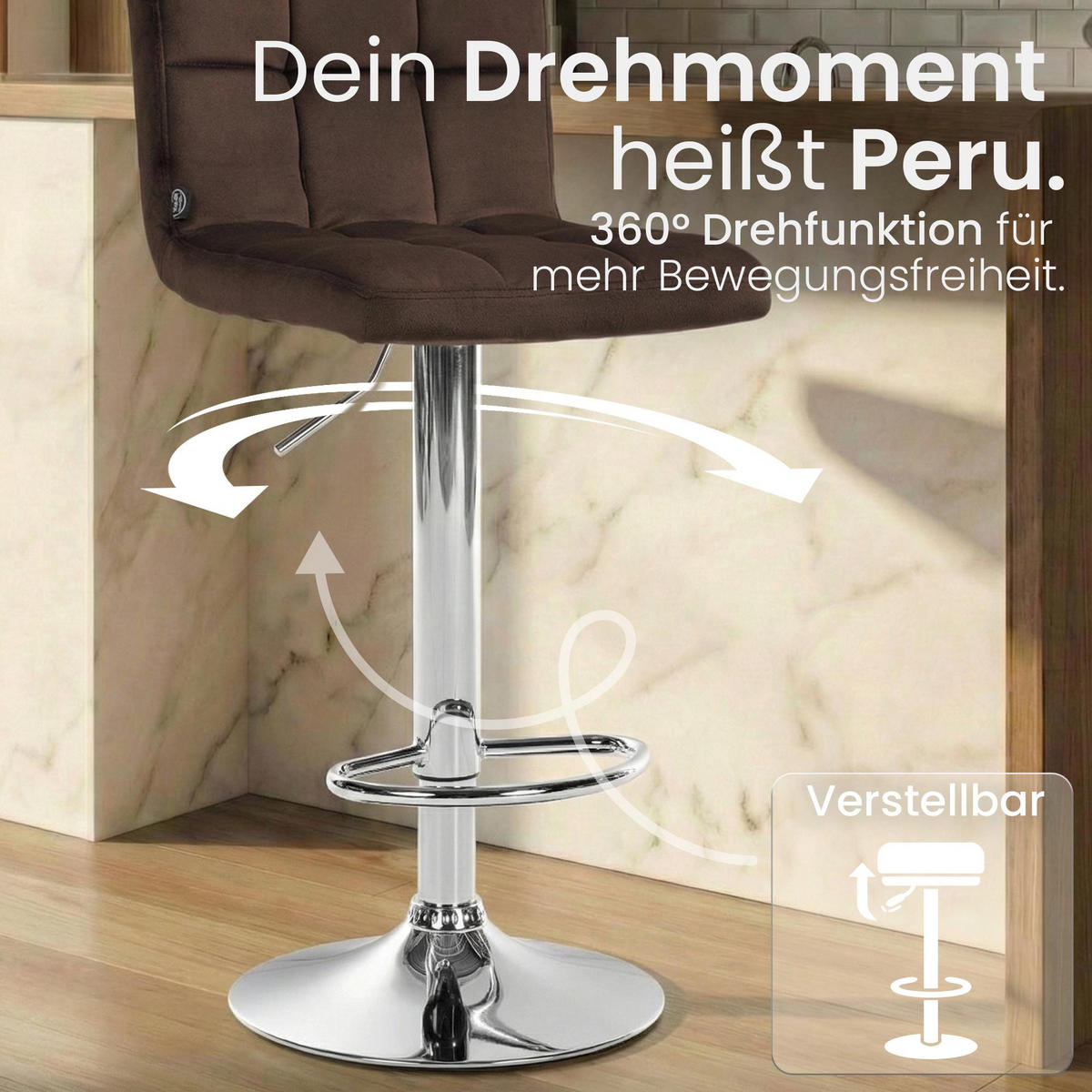 BARHOCKER Samt Braun - Chromfarben/Braun, Textil/Metall (46/94/47cm) - CLP