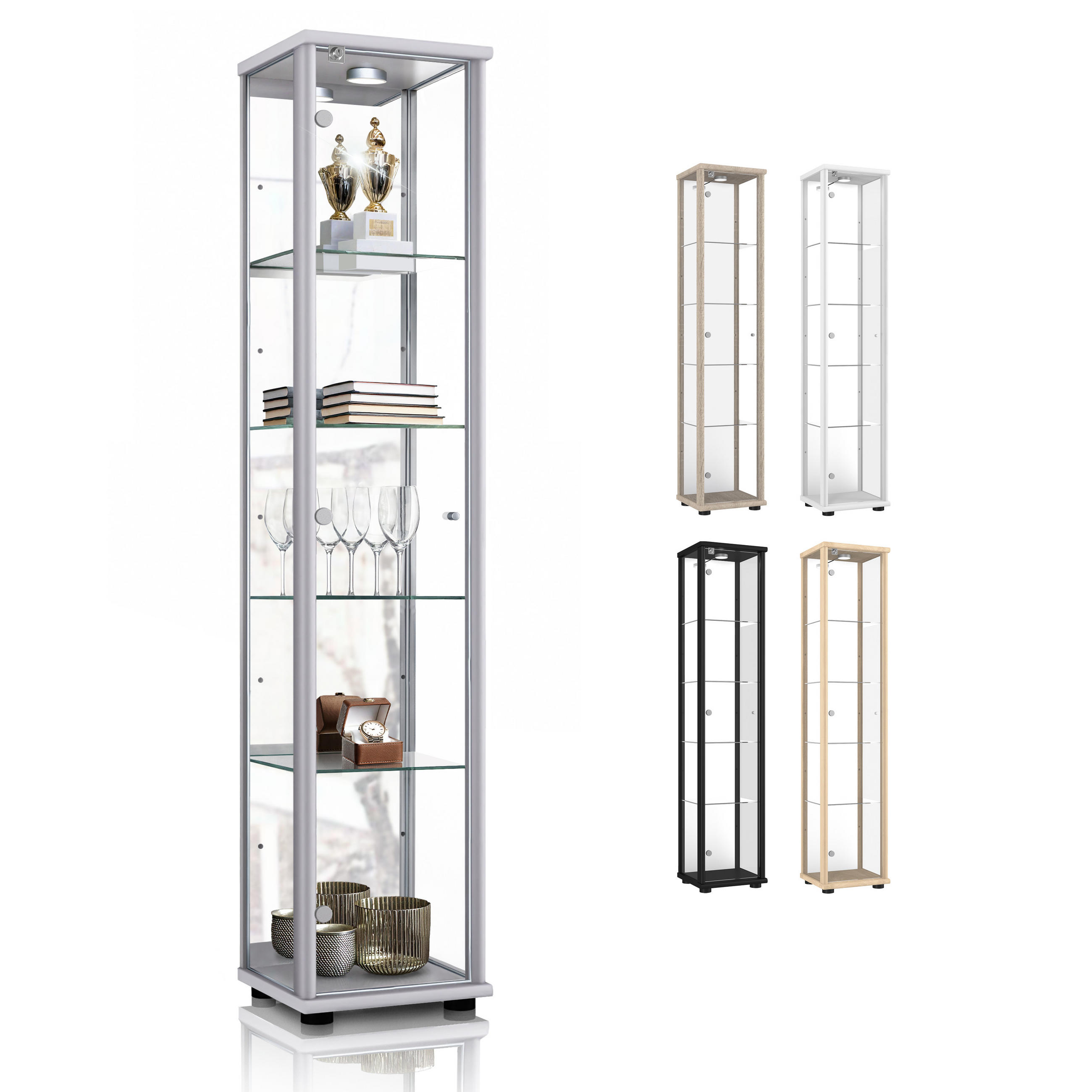 GLASVITRINE 33/37/176 cm mit Spiegel, LED, Schloss & 4 höhenverstellbaren Glasböden - Transparent/Silberfarben, Glas/Holzwerkstoff (37/176/33cm) - K-Möbel
