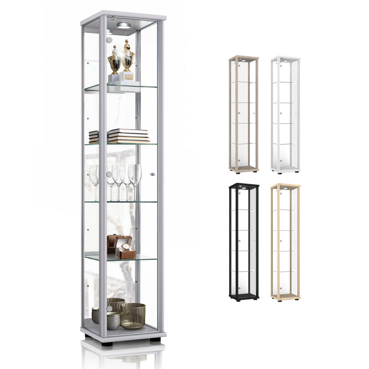 GLASVITRINE 33/37/176 cm mit Spiegel, LED, Schloss & 4 höhenverstellbaren Glasböden - Transparent/Silberfarben, Glas/Holzwerkstoff (37/176/33cm) - K-Möbel