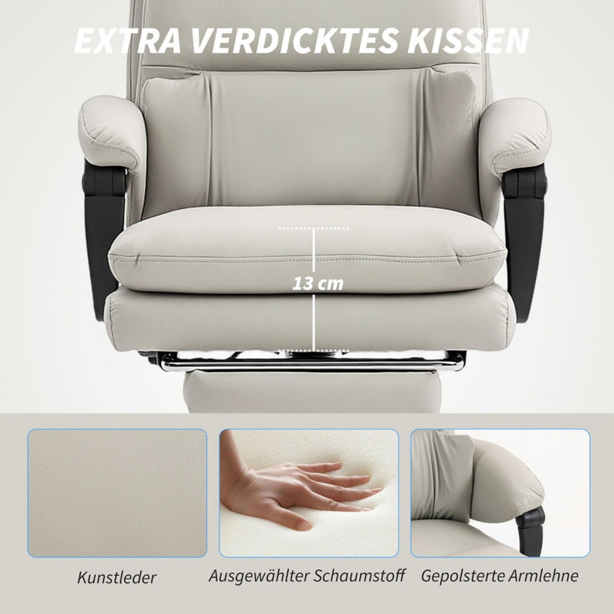 GAMINGSTUHL 66/60/113-121 cm, höhenverstellbar und neigbar, mit Fußstütze, Kunstleder, hellgrau - Hellgrau, Kunststoff (60/121/66cm) - Redom