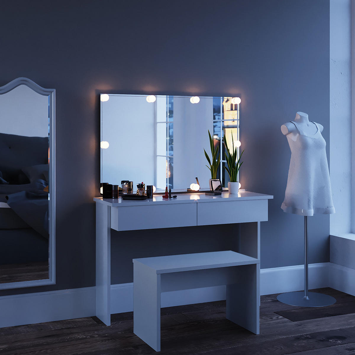 SCHMINKTISCH Azur Weiß 120 cm mit LED Beleuchtung und Bank - Weiß, Holzwerkstoff (120/83/40cm) - Vicco