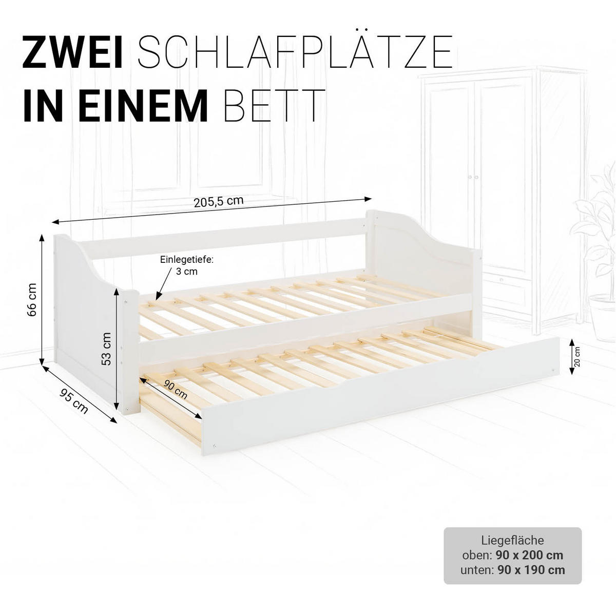 AUSZIEHBETT mit Matratze 90/200 cm Weiß - Weiß, Holz (90/200cm) - Homestyle4u