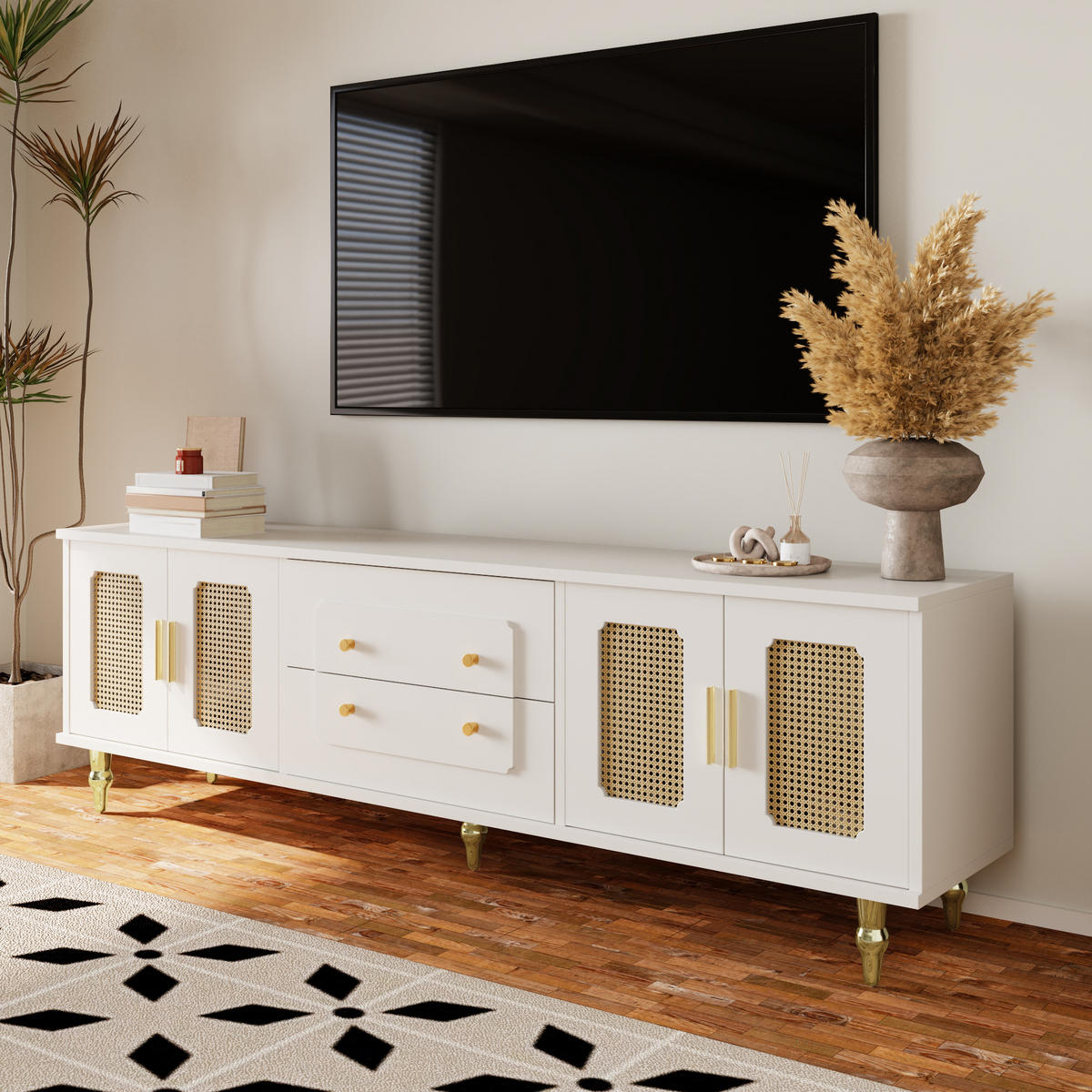 TV-SCHRANK Rattan, Metall - Weiß, Holzwerkstoff (38/55.5/175cm) - Raumix