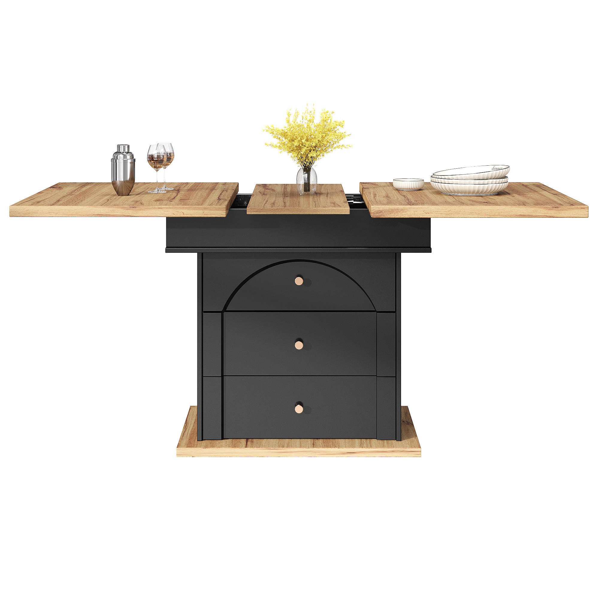 ESSTISCH Ausziehbarer aus MDF mit Stauraum & Klapptür, 110–140/80/75 cm, Schwarz/Natur - Schwarz, Holzwerkstoff (110/80/75cm) - Redom