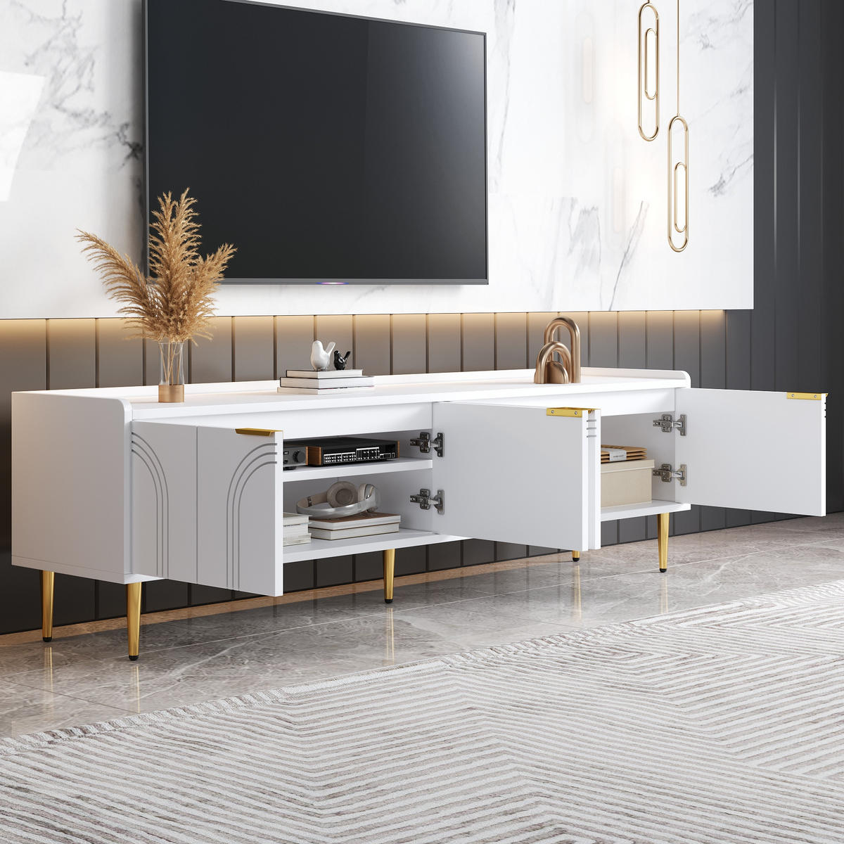 TV-SCHRANK in Weiß mit 3D-Türen und goldfarbenen Griffen 170/35/47.5 cm - Weiß, Holzwerkstoff (170/47.5/35cm) - Redom