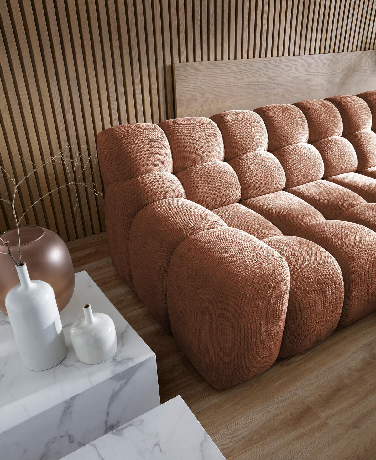 ECKSOFA CAMPILE mit elektrisch verschiebbarem Sitz, Orange, Rechts - Bronzefarben, Holz/Textil (288/119cm) - DomoHome