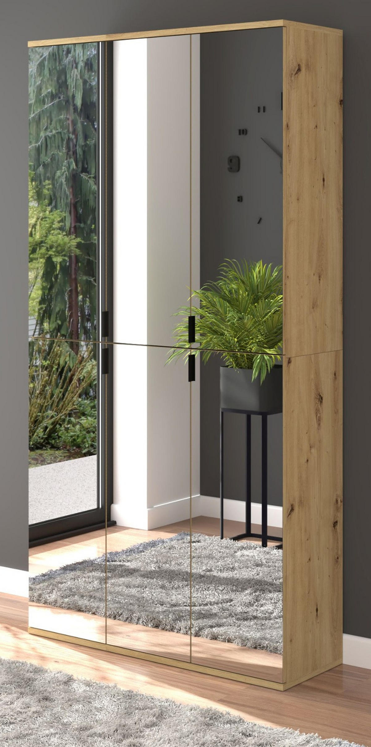 GARDEROBENSCHRANK Artisan Eiche 91 cm, Flurschrank 6-türig mit Spiegel - Chromfarben/Schwarz, Glas/Holzwerkstoff (91/193/34cm) - Inn.Furn
