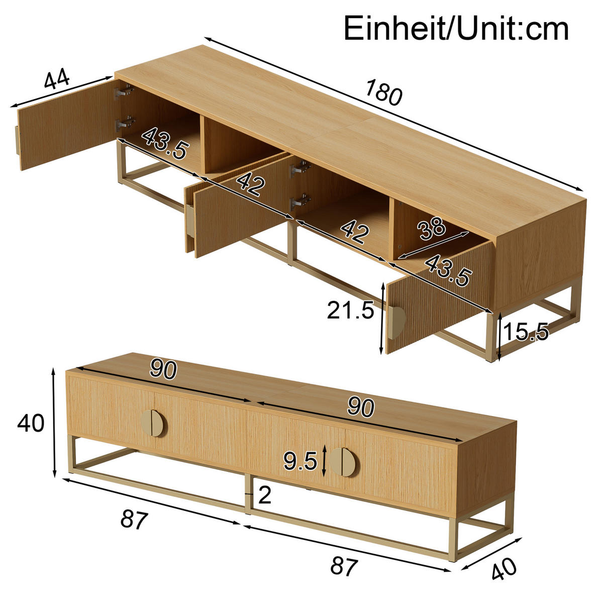 LOWBOARD 180/40/40 cm mit 4 Türen und Soft-Close-Scharnieren - Braun, Holzwerkstoff (180/40/40cm) - BEAOK
