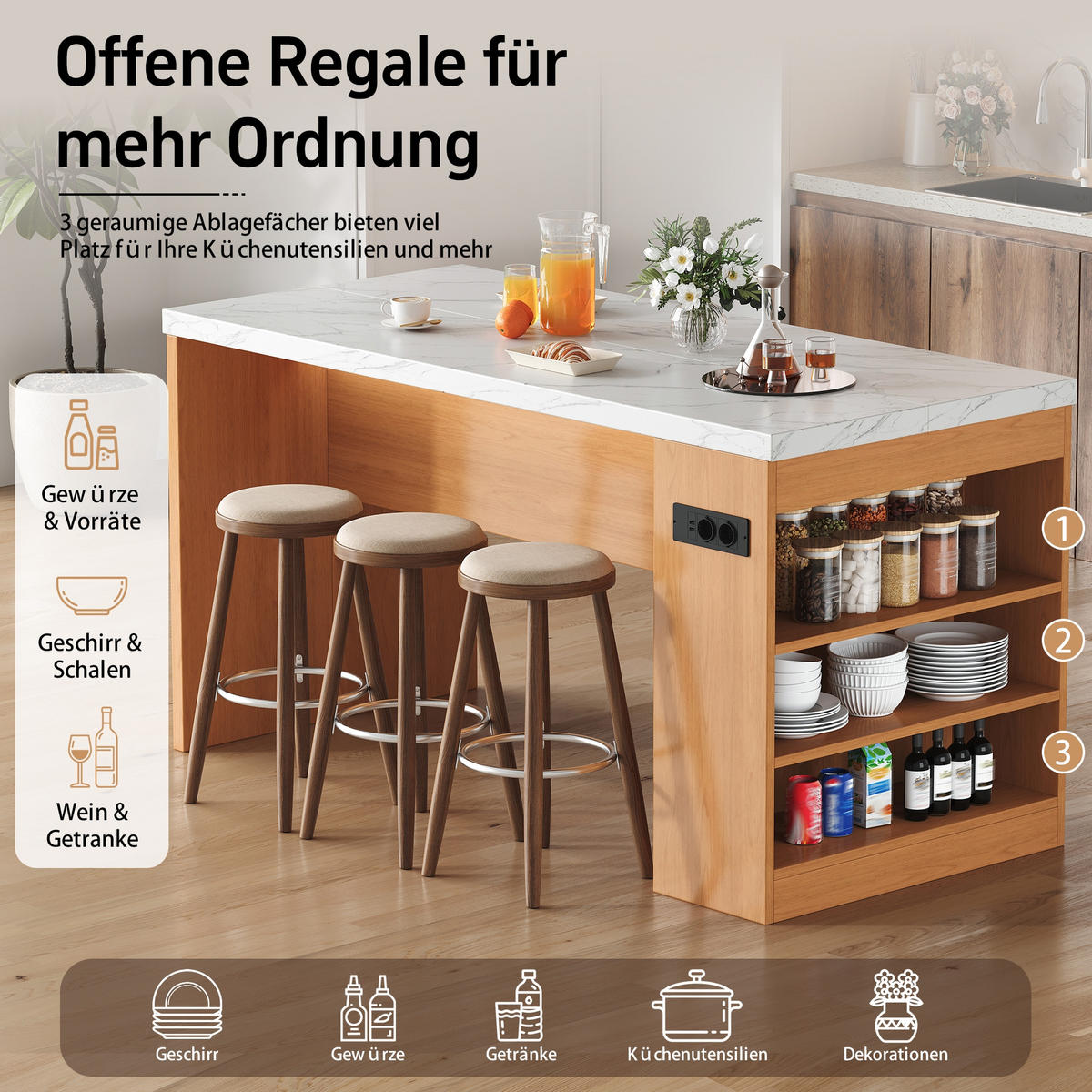 KÜCHENINSEL 155/80/90 cm Natürlich mit LED Beleuchtung, Steckdose und offenen Ablagen - Weiß, Holz (80/90/155cm) - Oxeza