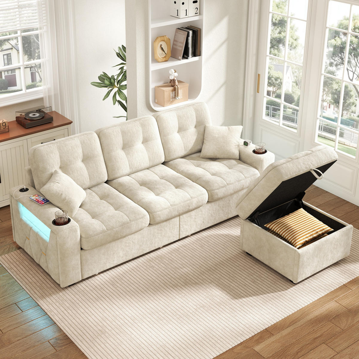 BIGSOFA mit Stauraum-Hocker, USB-C, LED, Becherhaltern und Schubladen aus Chenille - Beige, Textil (194.5/83/133cm) - EVRYAE