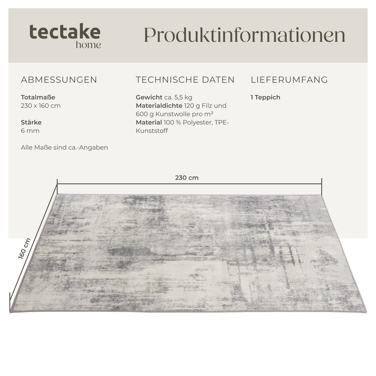TEPPICH Vintage Design Nadira,rutschfeste Unterseite,beige/grau - Beige/Grau, Textil (160/230cm) - tectake