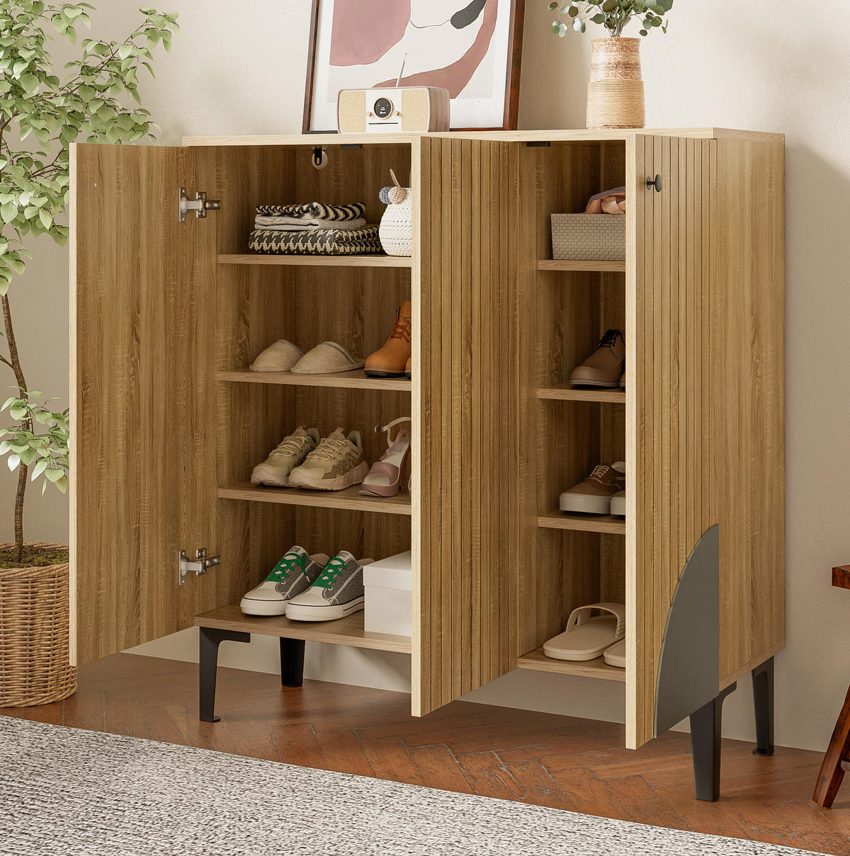 SCHUHSCHRANK 90/32/94 cm mit 3 Türen, Einlegeböden und Ablage in Holzoptik, Holzfarben - Naturfarben, Holzwerkstoff (90/94/32cm) - Redom