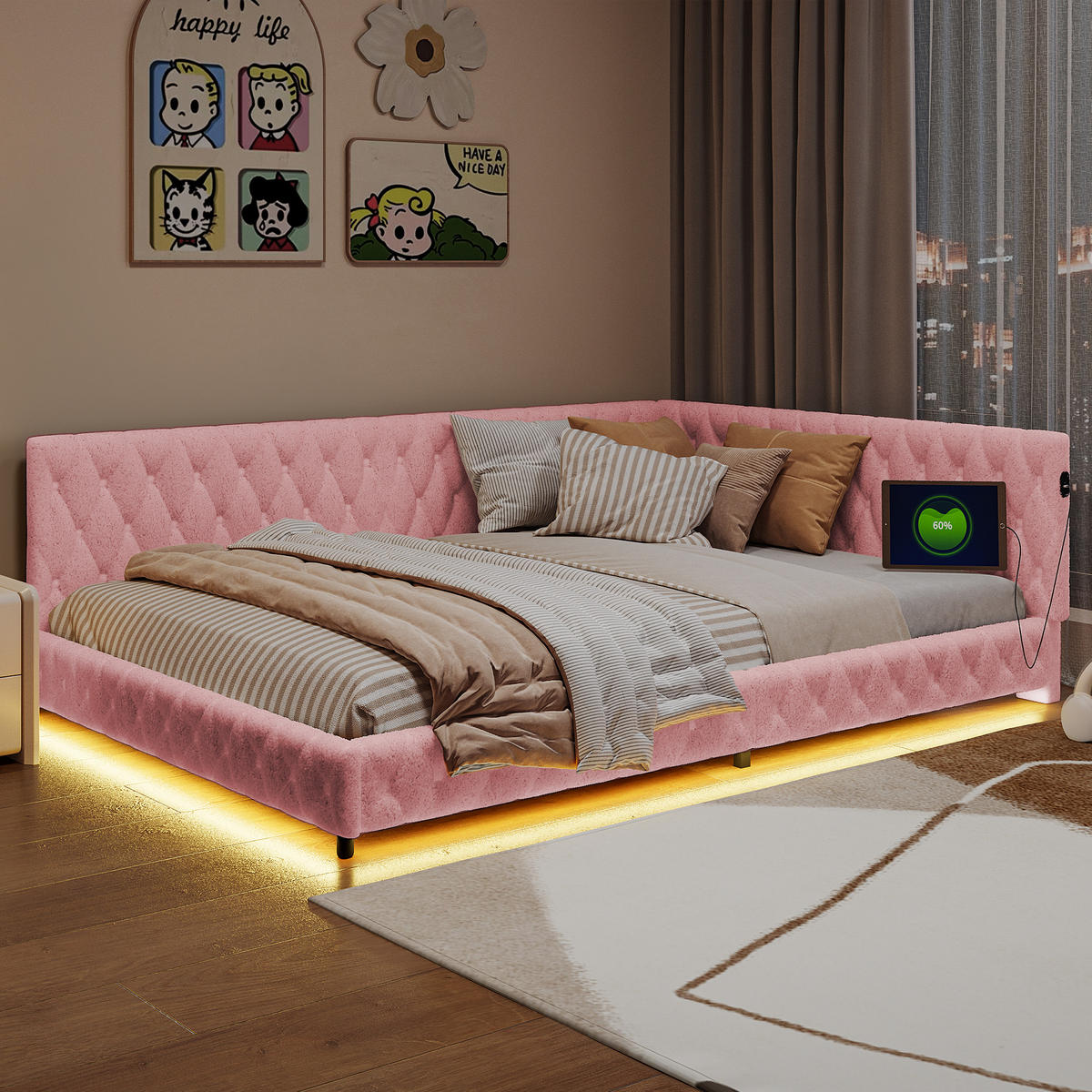 TAGESBETT Polsterbett 140x200 cm, Rosa, LED-Beleuchtung und USB-Anschluss - Rosa, Textil/Metall (140/200cm)