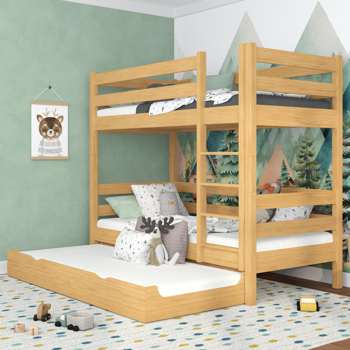 ETAGENBETT N01 mit Matratzenschublade Naturkiefer 90/180 - Hellbraun/Braun, Naturmaterialien/Holz (90/180cm) - N-Wood