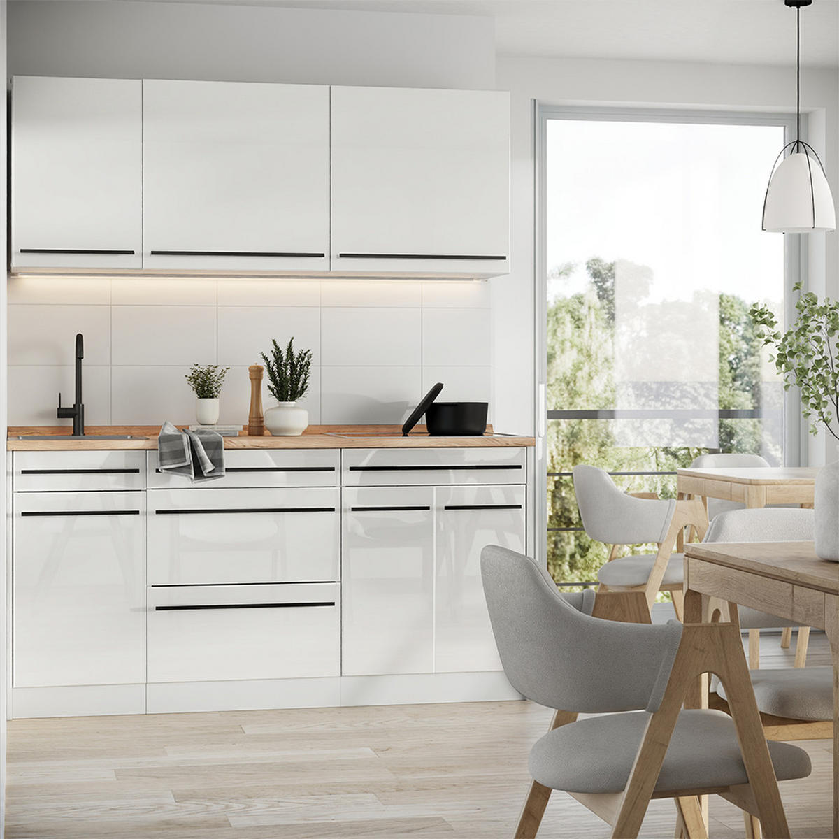 SINGLEKÜCHE R-Line, Weiß Hochglanz/Weiß, 160 cm Arbeitsplatte Marmor - Weiß Hochglanz/Weiß, Holzwerkstoff (160/81.6/60cm) - Vicco
