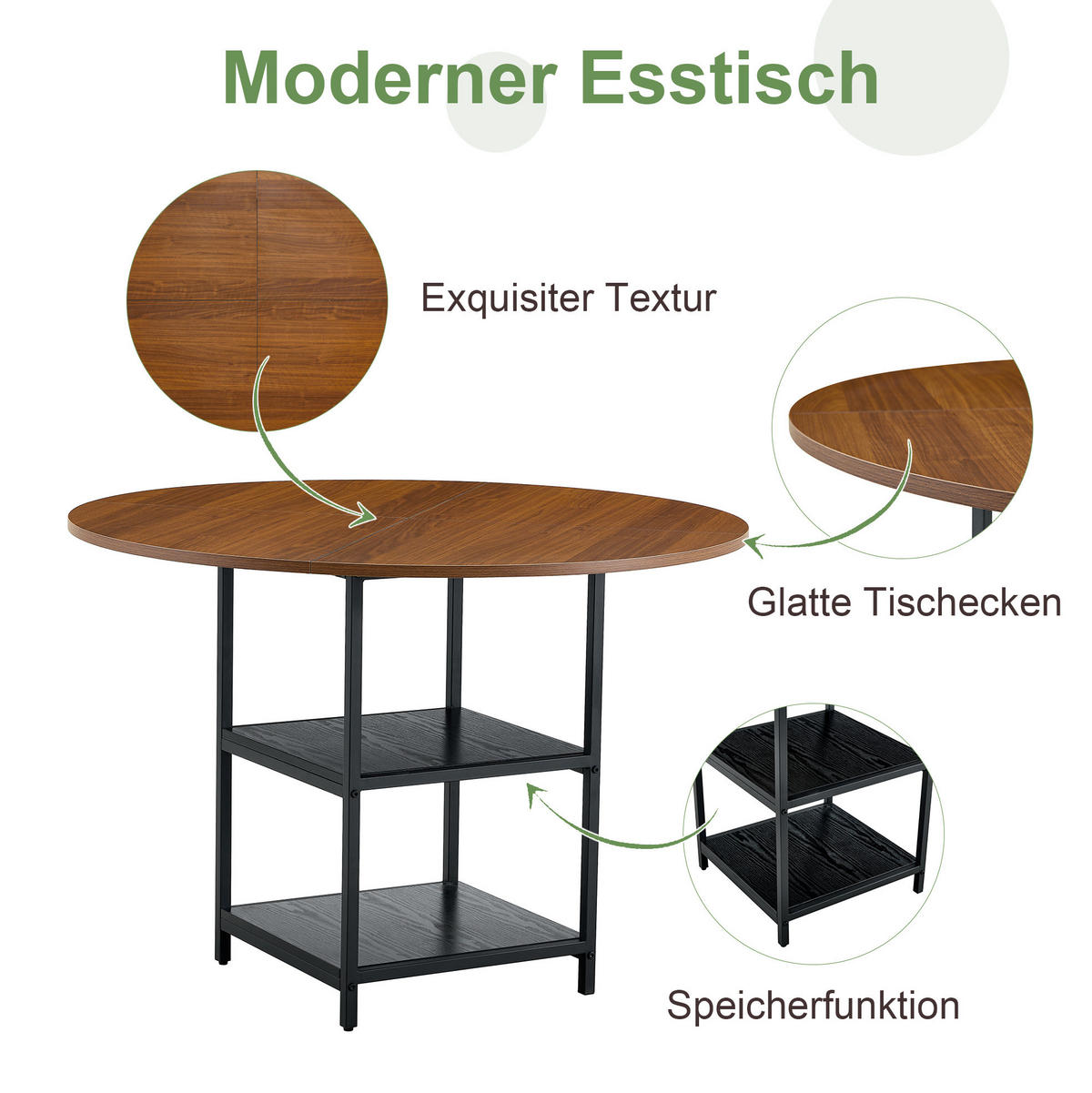 ESSTISCH 107/107/75 cm mit doppelter offener Ablage und Metallgestell, Schwarz/Walnuss - Schwarz, Holzwerkstoff (107/107/75cm) - Redom