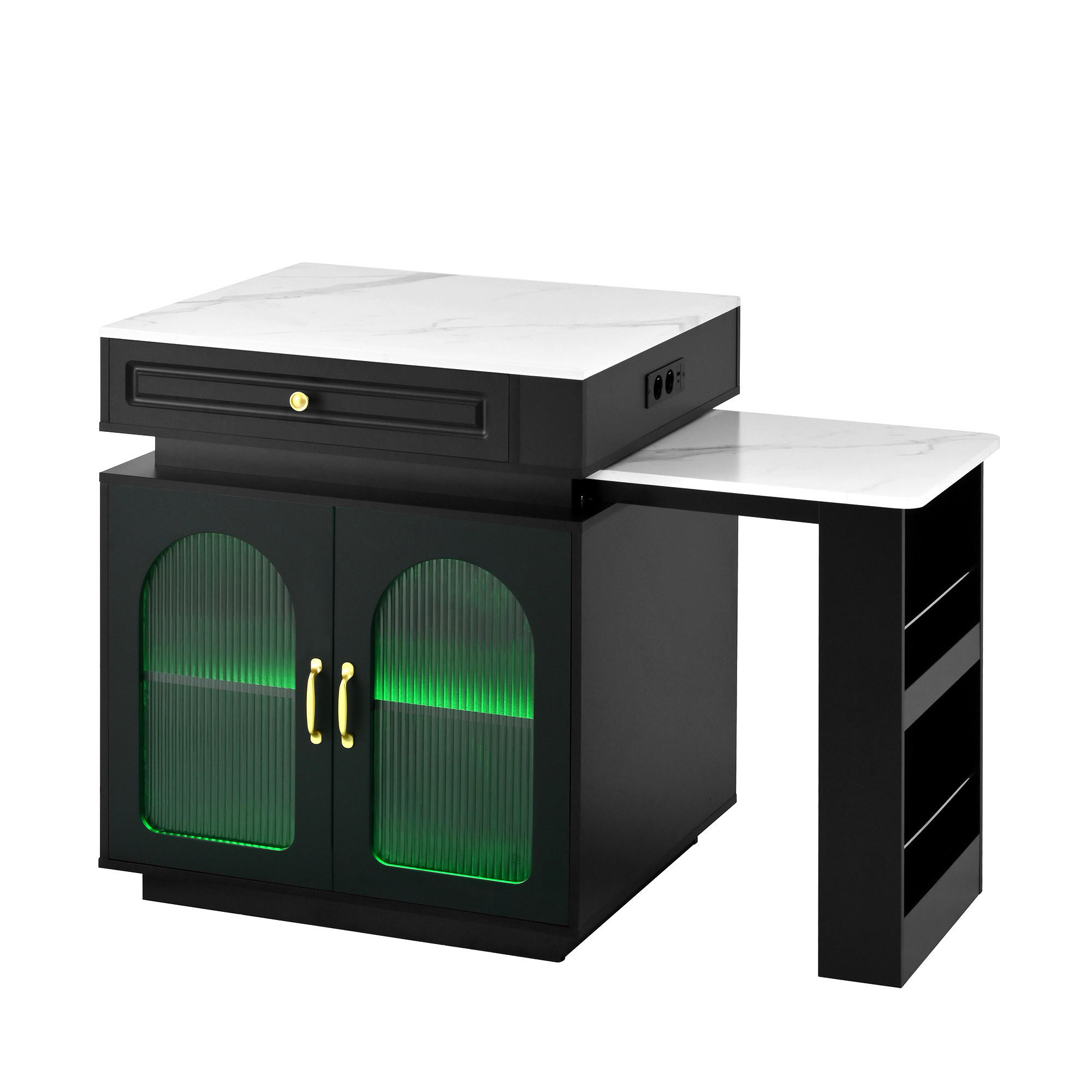 KÜCHENINSEL auf Rollen mit LED, Esstisch und Steckdosen, Schwarz - Schwarz, Holz (128/92/71cm)
