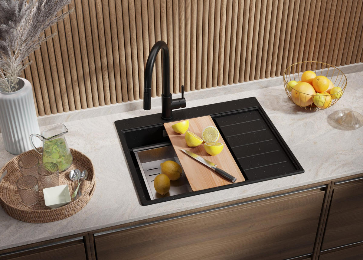 SPÜLBECKEN Sydney, 2-er set Schwarz Metallic 62/50 cm 1 Becken + Ablauf-Set + Küchenzubehörset ab 45er Unterschrank - Chromfarben/Schwarz Hochglanz, Kunststoff (62/20/50cm) - Primagran