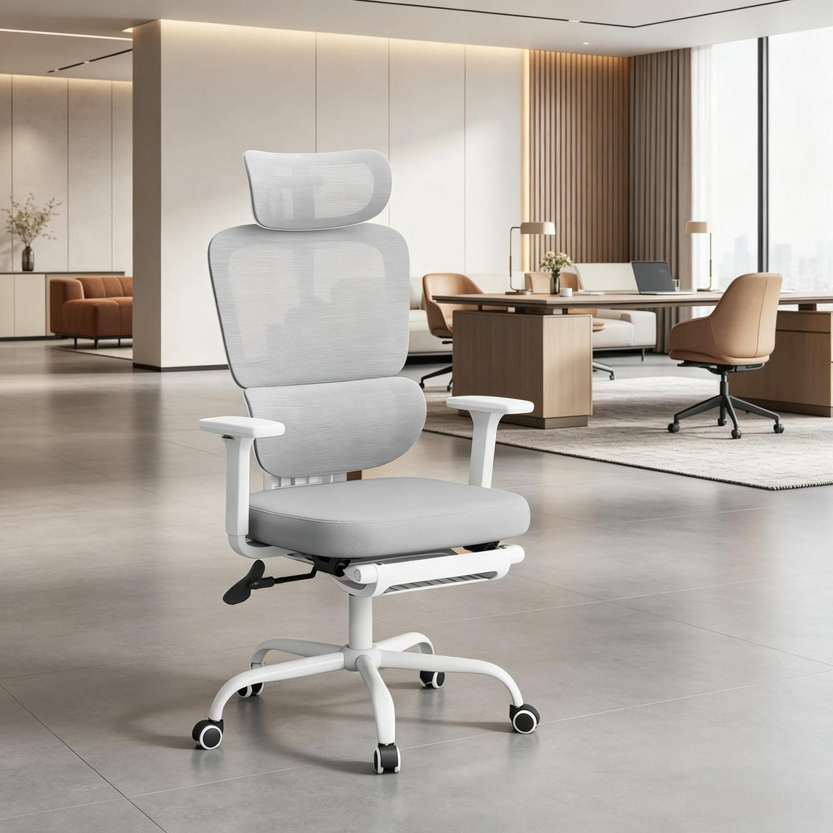 DREHSTUHL ergonomisch mit Fußstütze und 150 kg Tragfähigkeit - Grau, Leder (53/120/71.5cm) - Gisaae