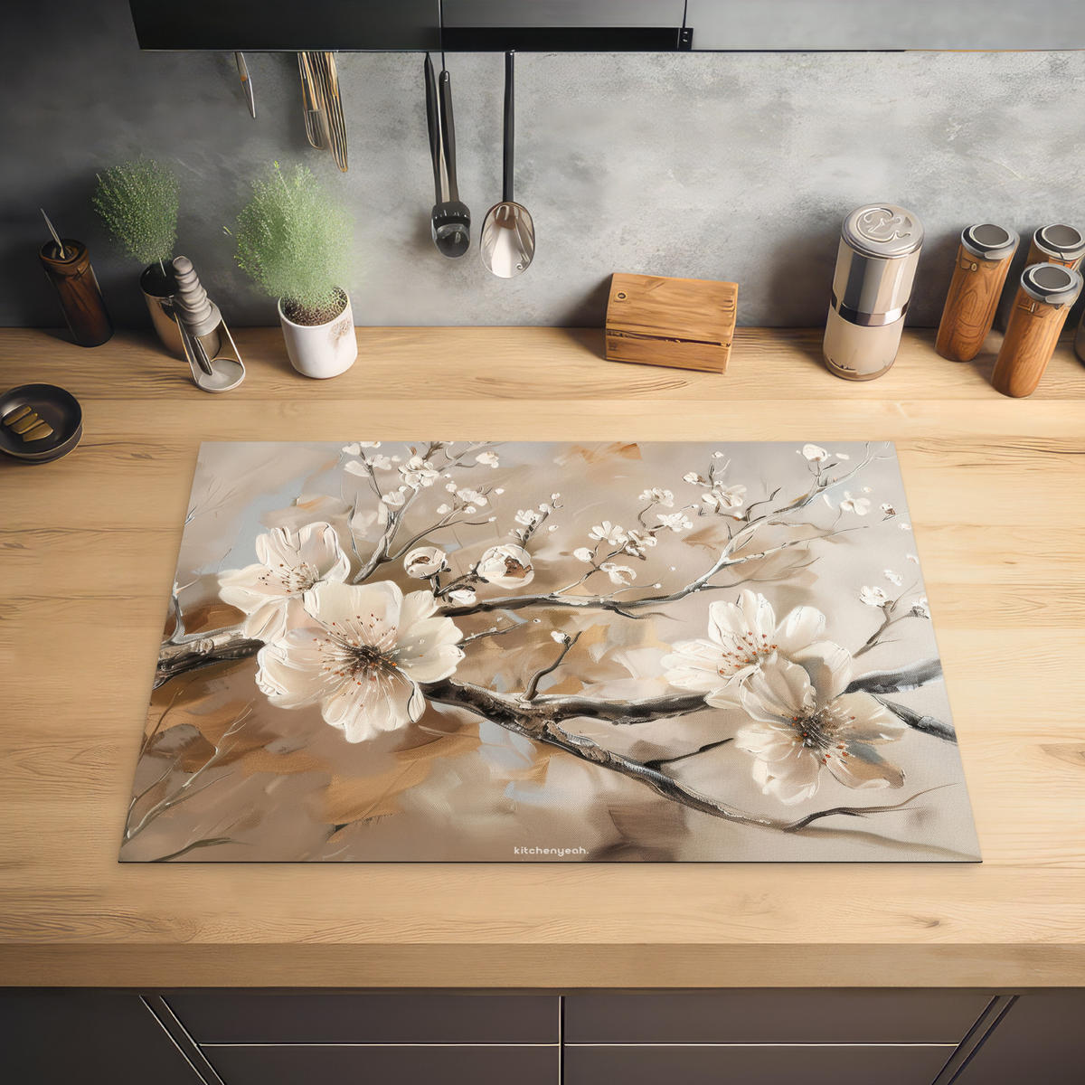 HERDABDECKPLATTE Blumen - Abstrakt - Gemalt - Beige 75x52 cm - Kaschmir, Kunststoff (75/0.2/52cm) - MuchoWow