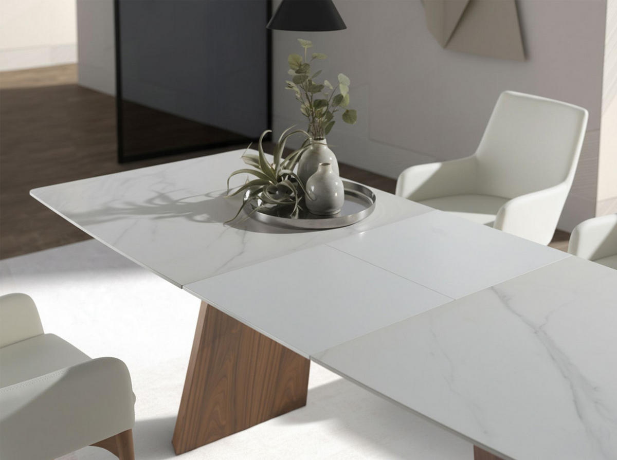 ESSTISCH Ausziehbarer Esstisch ovales Fass Porzellanmarmor aus Walnuss Ø180/90/76 cm - Walnussfarben/Weiß, Holz/Stein (90/180/76cm) - ANGEL CERDA