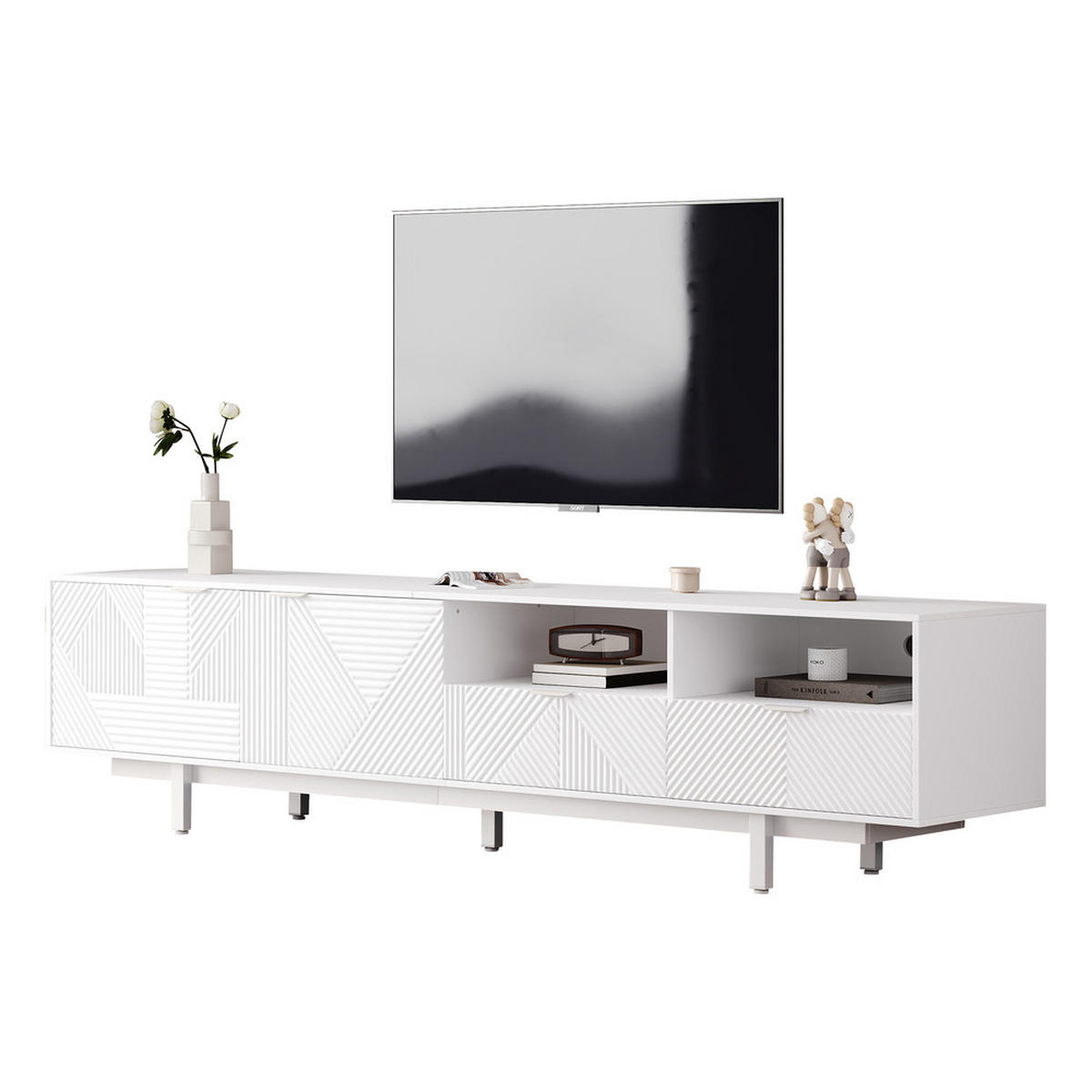TV-SCHRANK 200x40cm Modern abstrakte Linien Stauraum Weiß bis 90 Zoll - Weiß, Holz (52.07/12.19/115.06cm) - FLIEKS