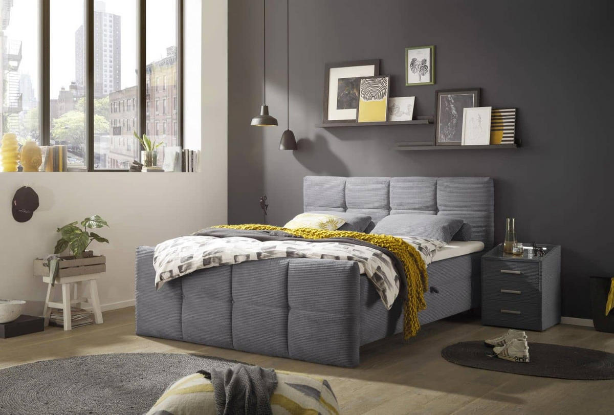 BOXBETT Breitcord, 7-Zonen-Tonnentaschen-Federkernmatratze, HR-30 Topper, Bettkasten - Schwarz/Graphitfarben, Holz/Kunststoff (180/200cm) - ed exciting design