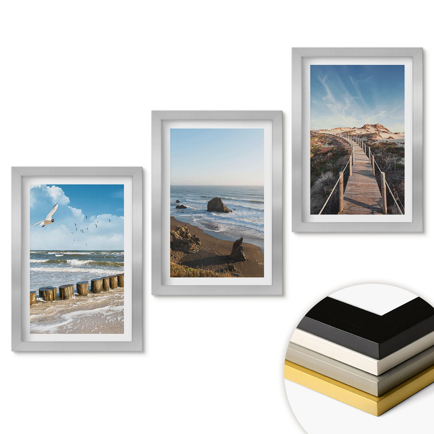 WANDBILDER 3er Set - 20x30 cm Silberner Rahmen - Strandwellen, Himmelsbrücke, Spaziergang - Silberfarben, Kunststoff (20/30cm) - ArtPrintCave