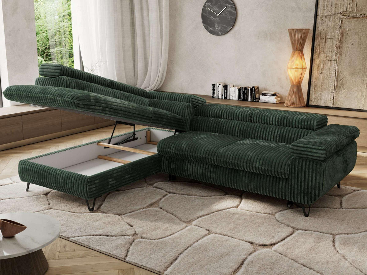 ECKSOFA PABLO L Grün Cord - Links Seite mit Visco Topper - Schwarz/Grün, Textil/Metall (208/273cm) - MKS