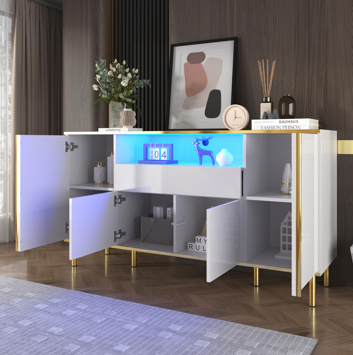 KOMMODE aus MDF & Spanplatte 150x40x80cm in Weiß mit LED-Beleuchtung - Weiß, Holzwerkstoff (150/80/40cm) - Modfu