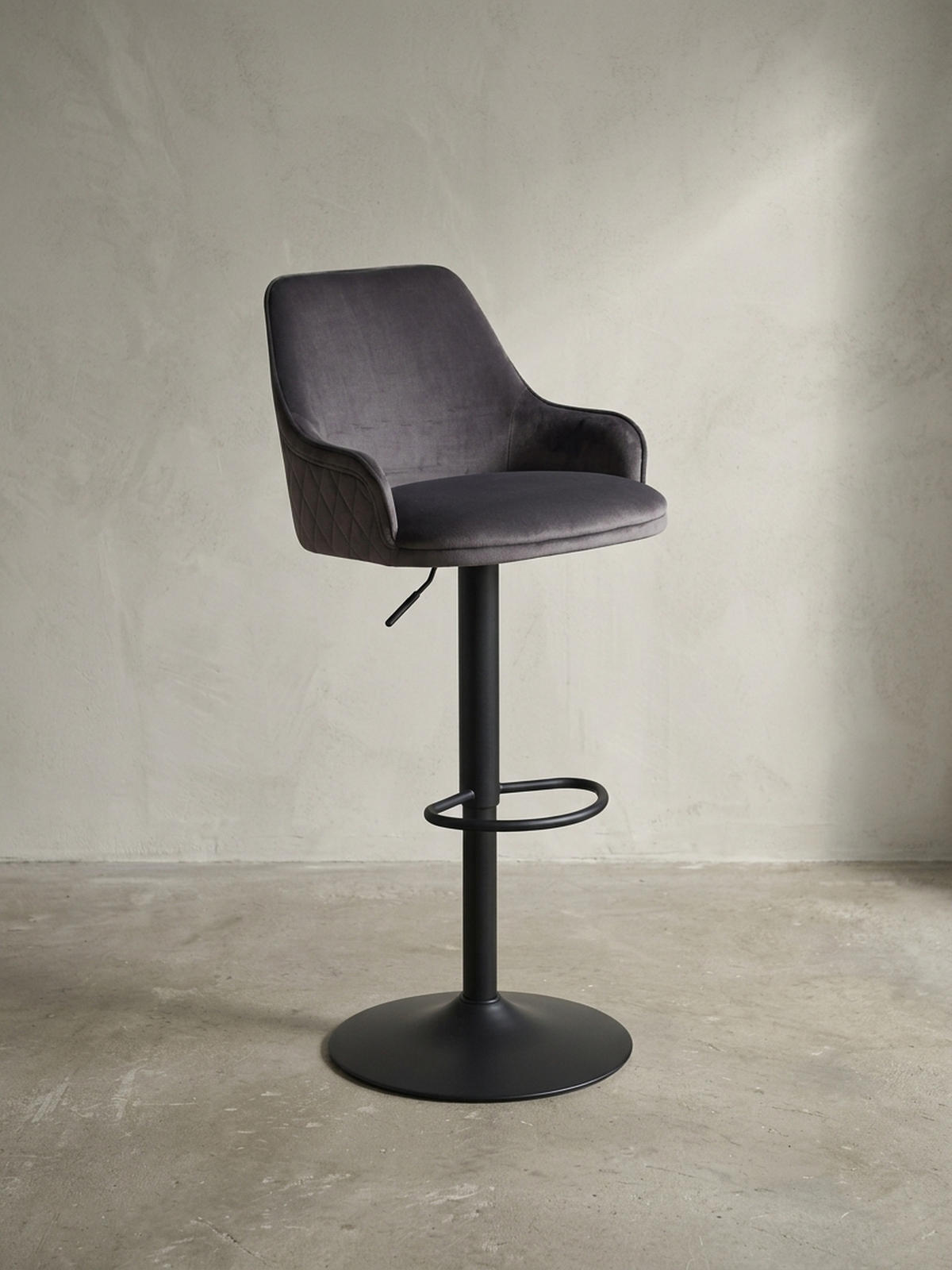 BARHOCKER Samt Lehne Höhenverstellbar Trompetenfuß Armlehne Gepolstert, Grau 45x45x106 cm - Schwarz/Grau, Textil/Metall (45/106/45cm) - KADIMA DESIGN