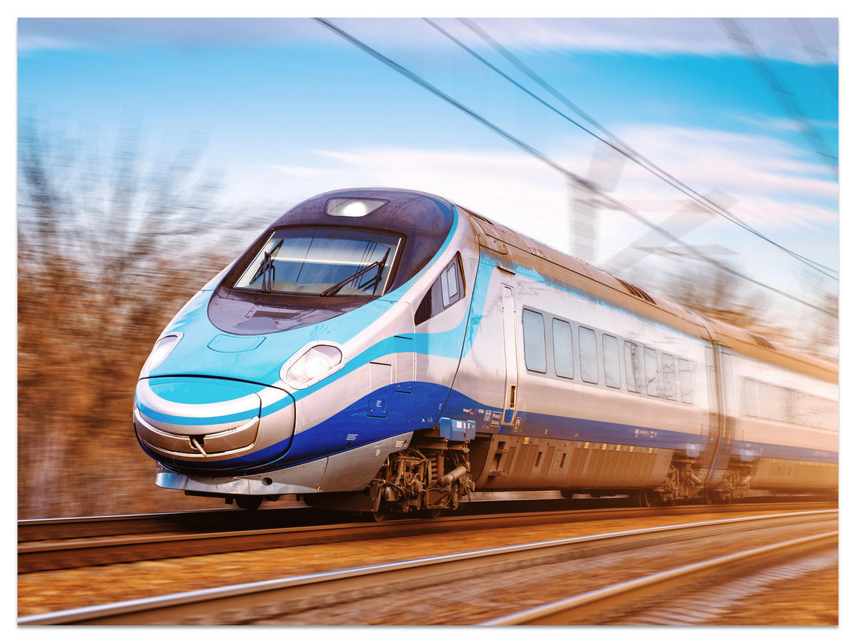 FOTOTAPETE für Wohnzimmer Moderner Zug Eisenbahnschienen 200x140 - Blau/Schwarz, Papier (200/140cm) - Muralo