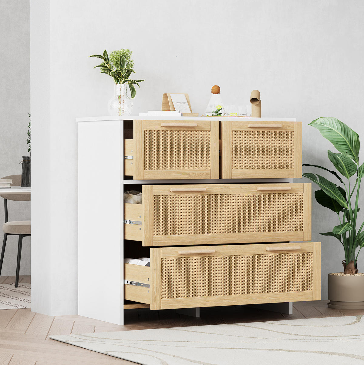 KOMMODE, 4 Schubladen, Rattan-Optik, 80x38x80 cm, NaturxWeiß - Weiß, Holzwerkstoff (38/80/80cm) - Modfu