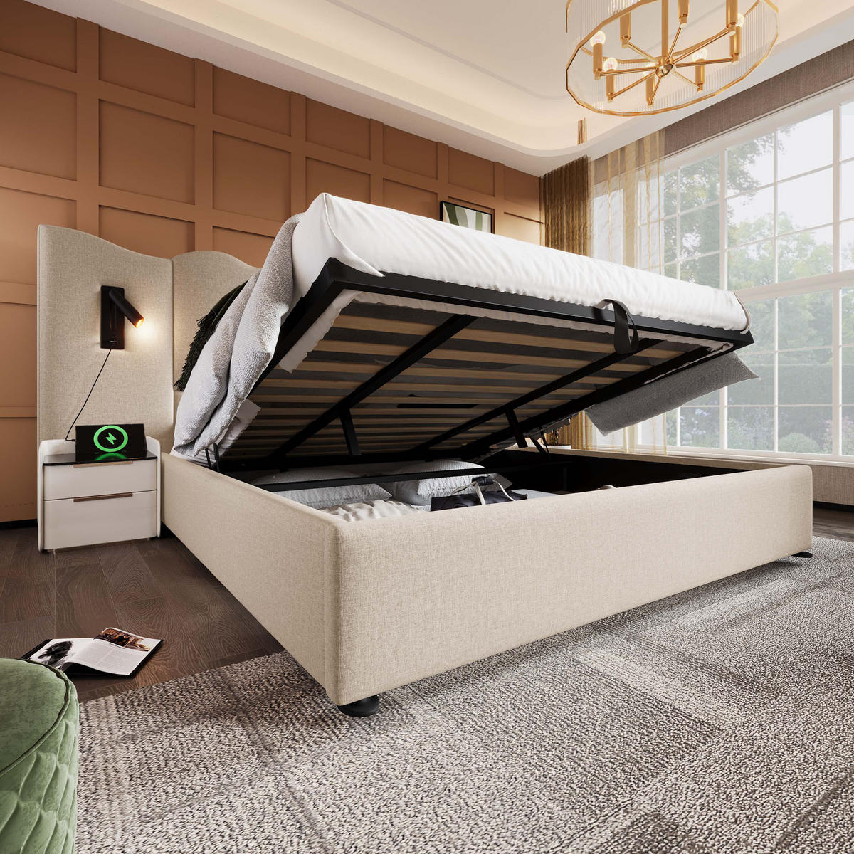 POLSTERBETT 180/200 cm Beige mit Leselampe und USB-C-Ladefunktion - Beige, Textil (180/200cm) - OKWISH