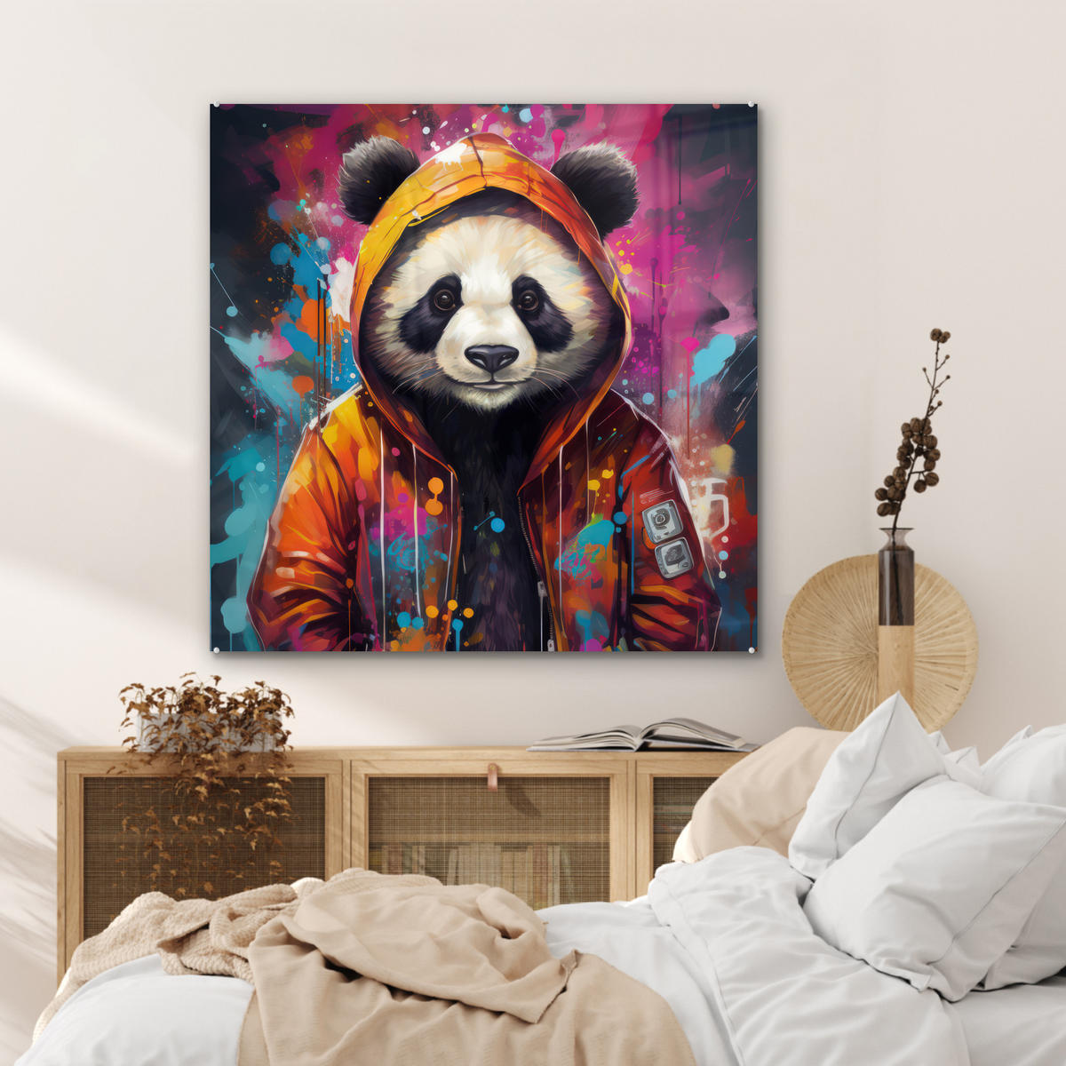ACRYLGLASBILD Panda - Jacke - Graffiti - Orange 90x90 cm - Orange, Glas (90/90cm) - MuchoWow