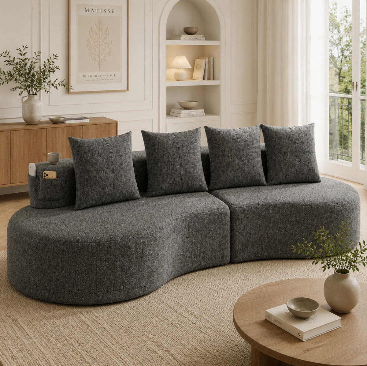 SOFA 240/109/60 cm aus Leinen mit Becherhaltern und Seitentaschen Dunkelgrau - Dunkelgrau, Textil (109/63/240cm) - Modenvie