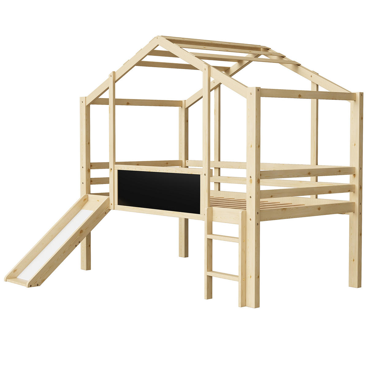 SPIELBETT 90/200 cm DE-01467, in Holzfarbe, mit Rutsche, Sicherheitsleiter und Graffiti-Tafel - Naturfarben, Holz (90/200cm) - ComfortXL