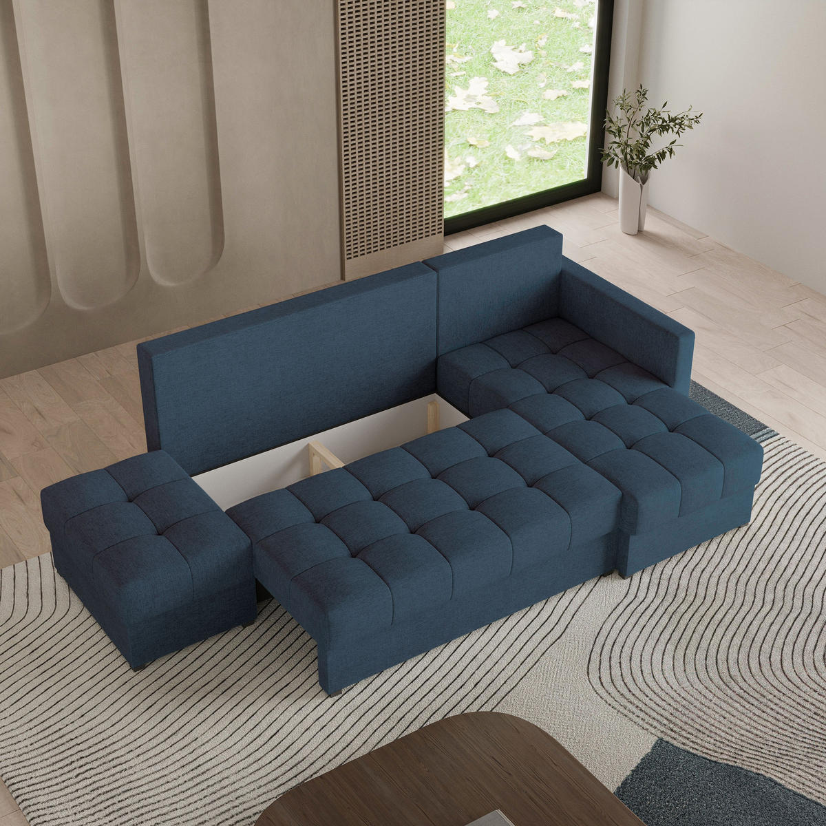 ECKSOFA LUMARI R-S Blau Plüsch-Stoff mit Schlaffunktion - Blau, Holz (262/143cm) - MASSENO