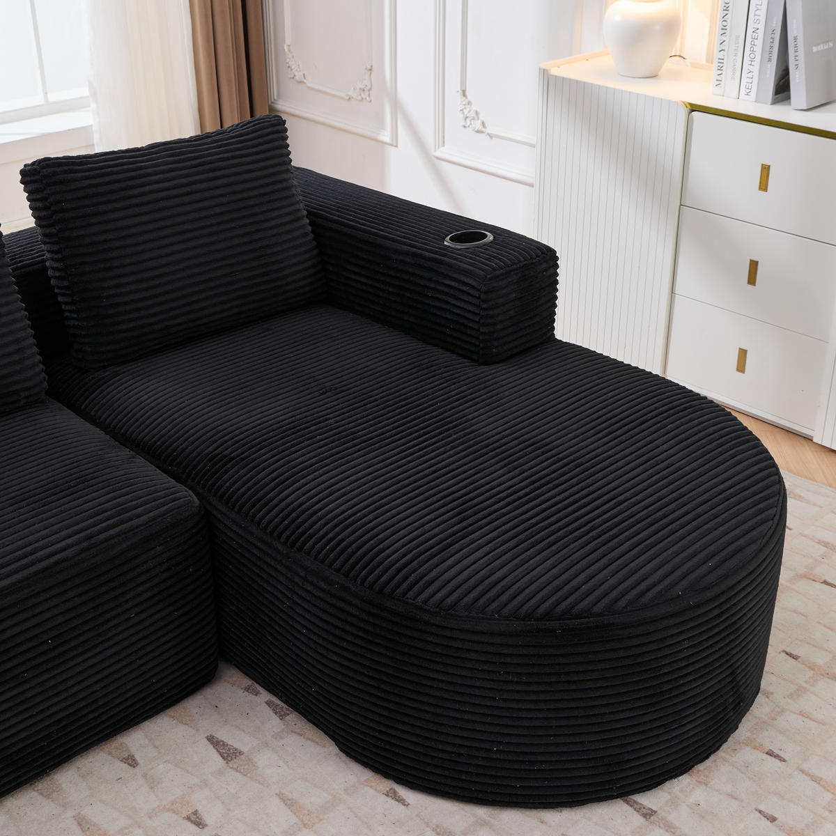 ECKSOFA Cord Schwarz mit 3 Kissen und 2 Becherhaltern - Schwarz, Textil (265/176cm) - WISHDOR