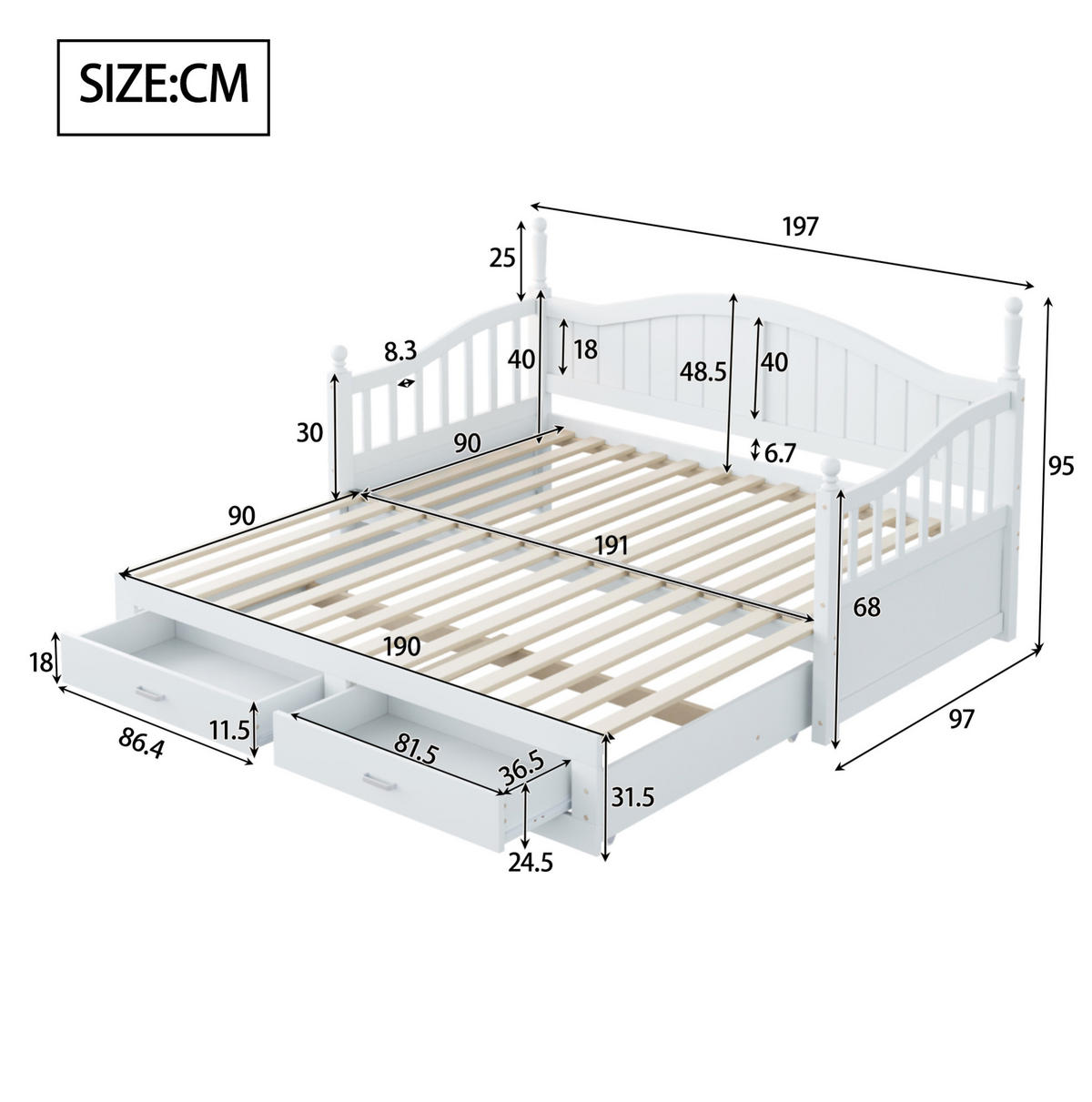 KREVET na razvlačenje od borovine 90x190 cm bijela s izvlačnim ležajem, ladicama i zakrivljenim naslonom - bijela, drvni materijal (90/190cm) - Modfu