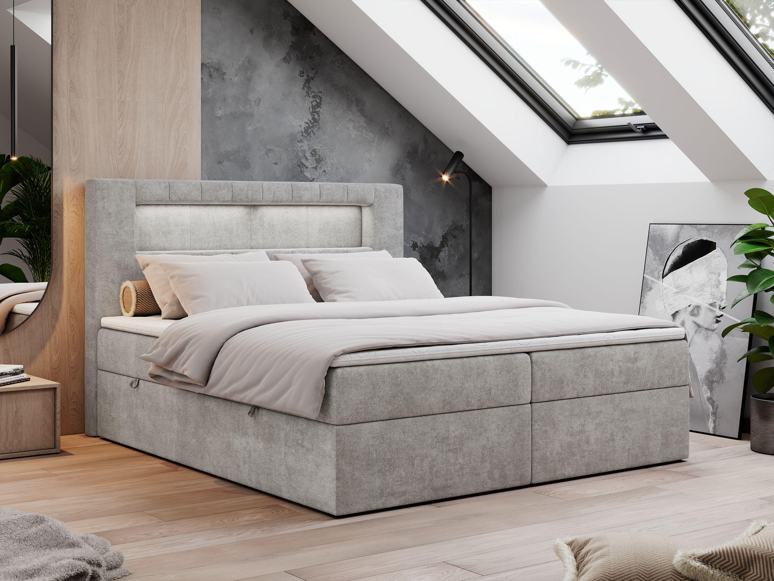 BOXBETT GOLD-5 LED 200/200 Hellgrau Struktur - H3 - Hellgrau, Holz/Textil (200/200cm) - MKS